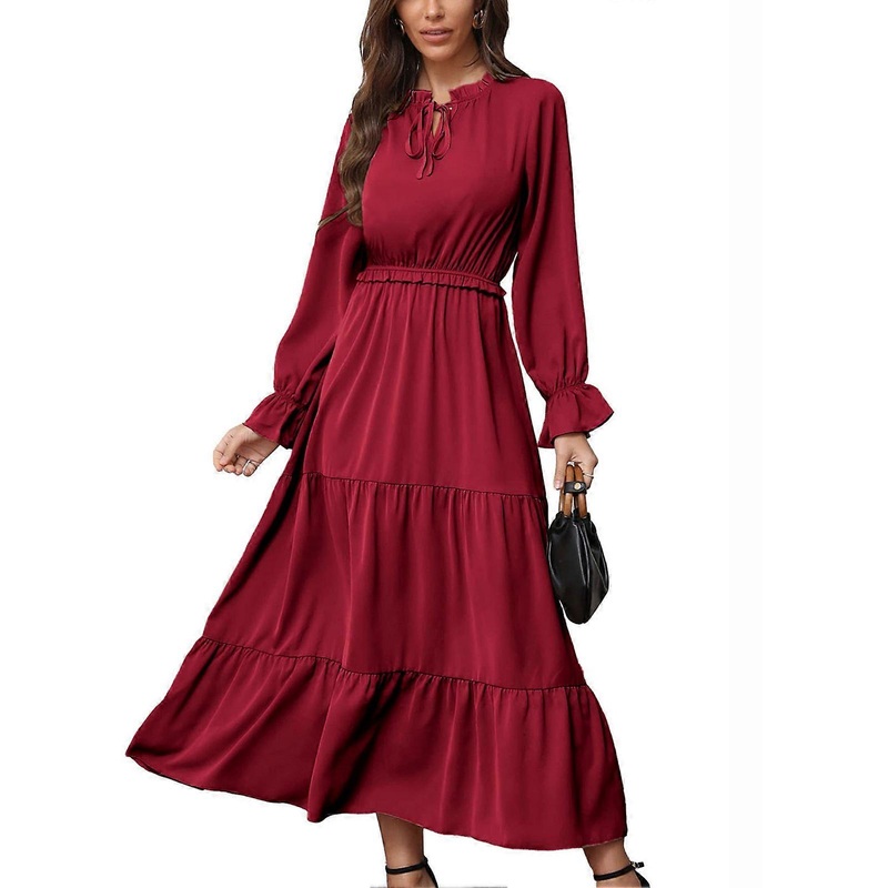Dress Flounce Hem Long Sleeve Pure Color Drawstring High Waist Fashionable Dress for Women | Fruugo SG