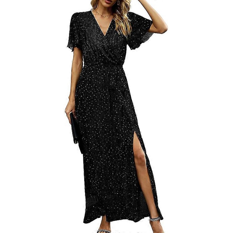 Dress Women’s Polka Dot Sequins Evening Dresses Long Elegant Sexy V-Neck Long Sleeve High Waist Slit Maxi Dress with Belt | Fruugo SG
