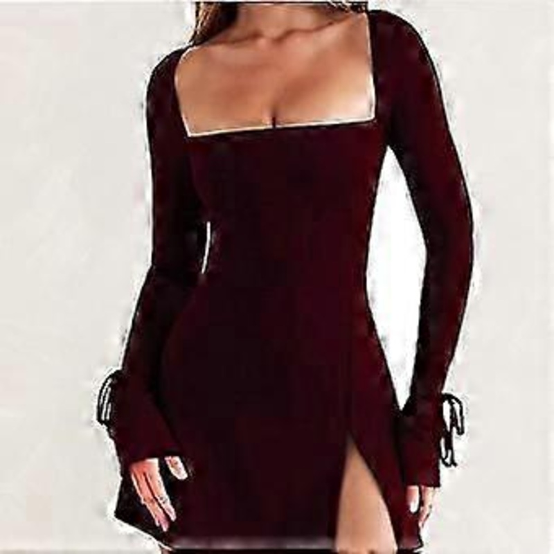 Dresses for Women  New Square Neck Long Sleeve Slim Packagee Hip Open French Dress Streetwear Sexy Long-Sleeved Short Dress | Fruugo SG