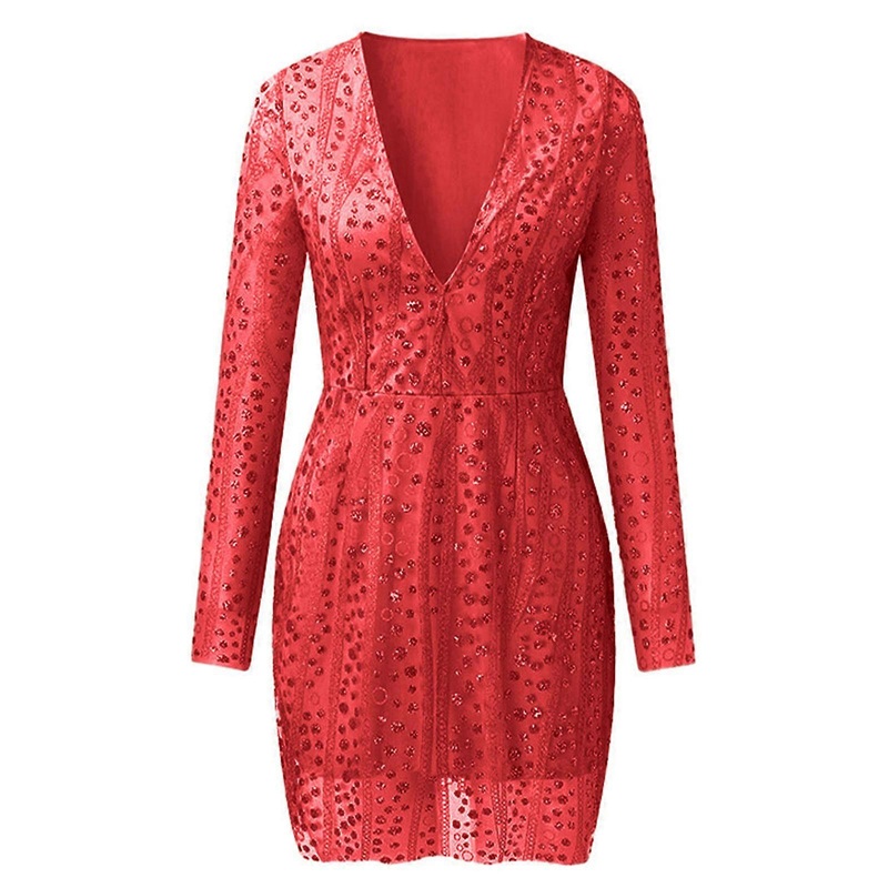 Elegant Long Sleeve Low Neck Glitter Sequined Sheer Mesh Bodycon Short Dress for Women Sexy Cocktail Party Evening Wear  Red M | Fruugo SG