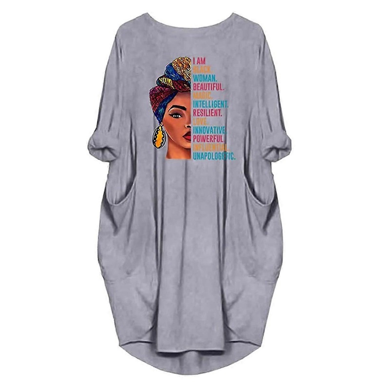 Grey XXL Women Loose Dress Print Full Sleeve O Neck Pocket Plus Size Midi Casual Dress Vintage Woman Dress | Fruugo SG