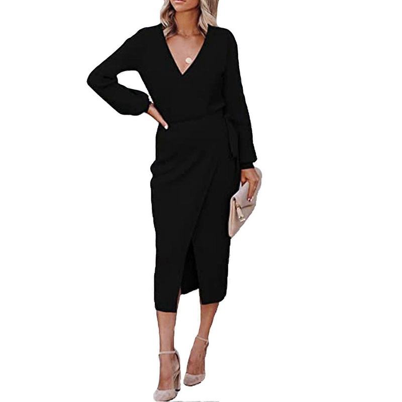 Knit Dress V Neck Midi Length Long Sleeve Breathable Women Casual Fit Dress for Shopping | Fruugo SG