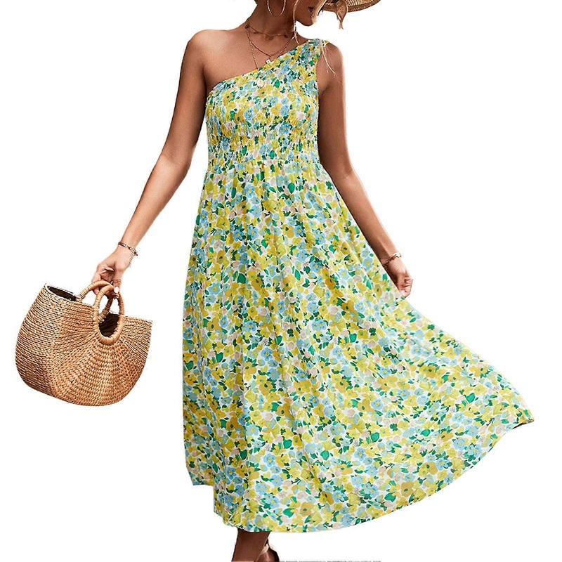 One Shoulder Sleeveless Dress Women Concealed Zip Closure Elegant Shirred Floral Print Midi Dress White and Green S | Fruugo SG