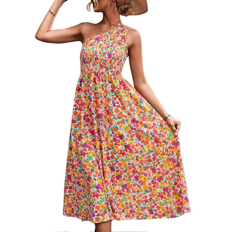 One Shoulder Sleeveless Dress Women Concealed Zip Closure Elegant Shirred Floral Print Midi Dress White and Red S | Fruugo SG