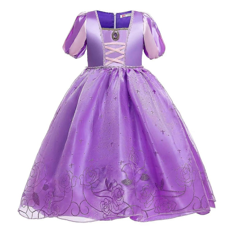 purple# Halloween Party Tangled Cosplay Costume Summer Girl Dress Princess Rapunzel Puffy Yarn Bronzing Printing Short Sleeve Dress | Fruugo SG