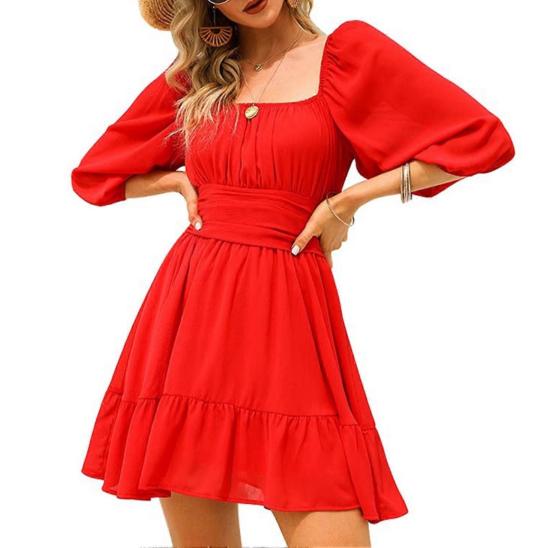 Red XL Women Half Lantern Sleeve Tie Back Dress Ruffled Off Shoulder Mini Dress For Summer | Fruugo SG