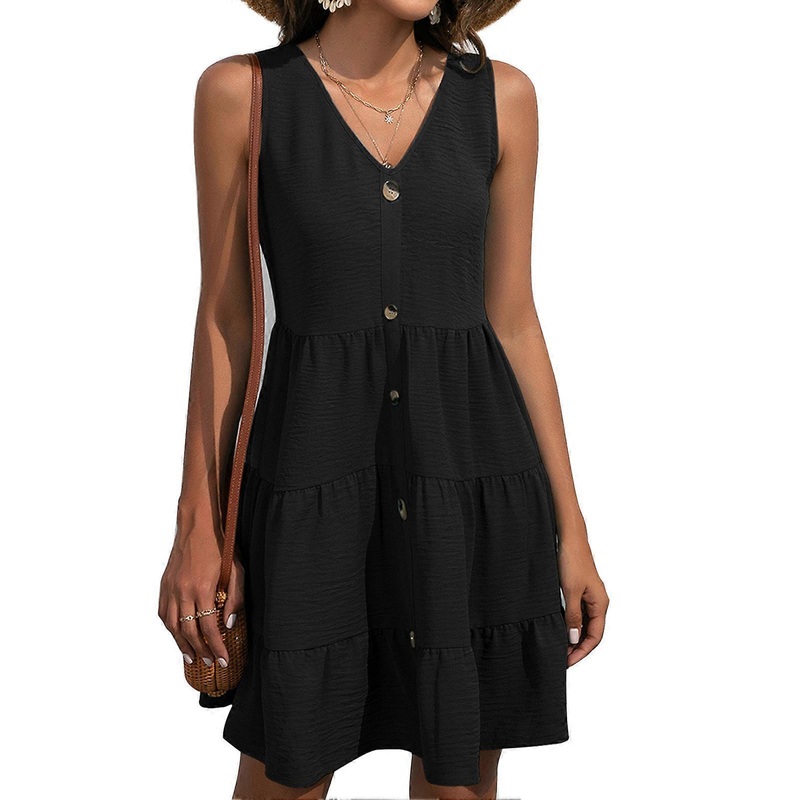 Sleeveless Dress Breathable V Neck A Line Waist Ruffle Hem Casual Button Vest Dress for Women Black M | Fruugo SG