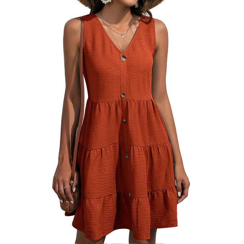 Sleeveless Dress Breathable V Neck A Line Waist Ruffle Hem Casual Button Vest Dress for Women Orange XL | Fruugo SG
