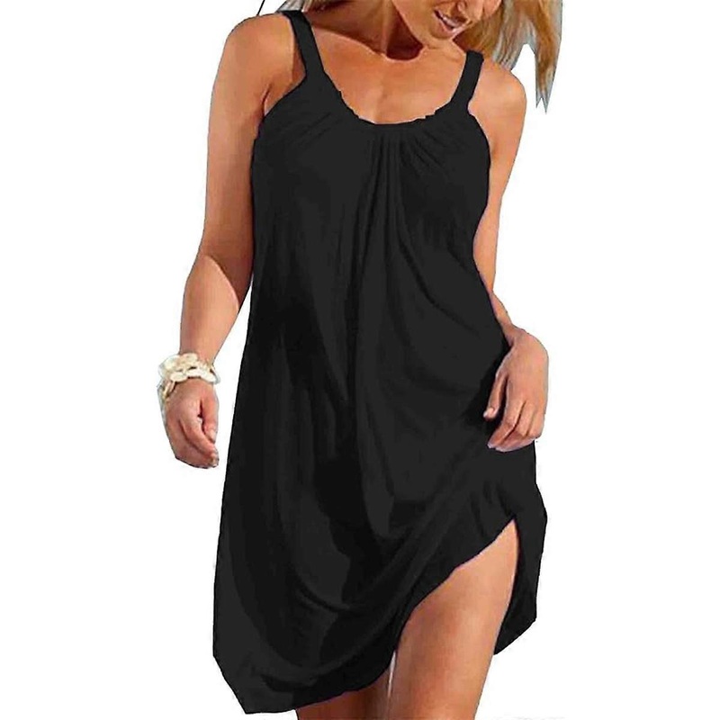 Summer Sleeveless Tank Dress Plain Pleated Vest T Shirt Dress Casual Loose Mini Dress | Fruugo SG