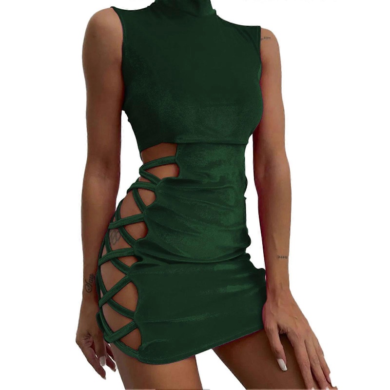 Turtleneck Bodycon Dress Pure Color Sleeveless Side Hollow Out Suede Slim Fit Female Bodycon Dress for Dating Party Green L | Fruugo SG