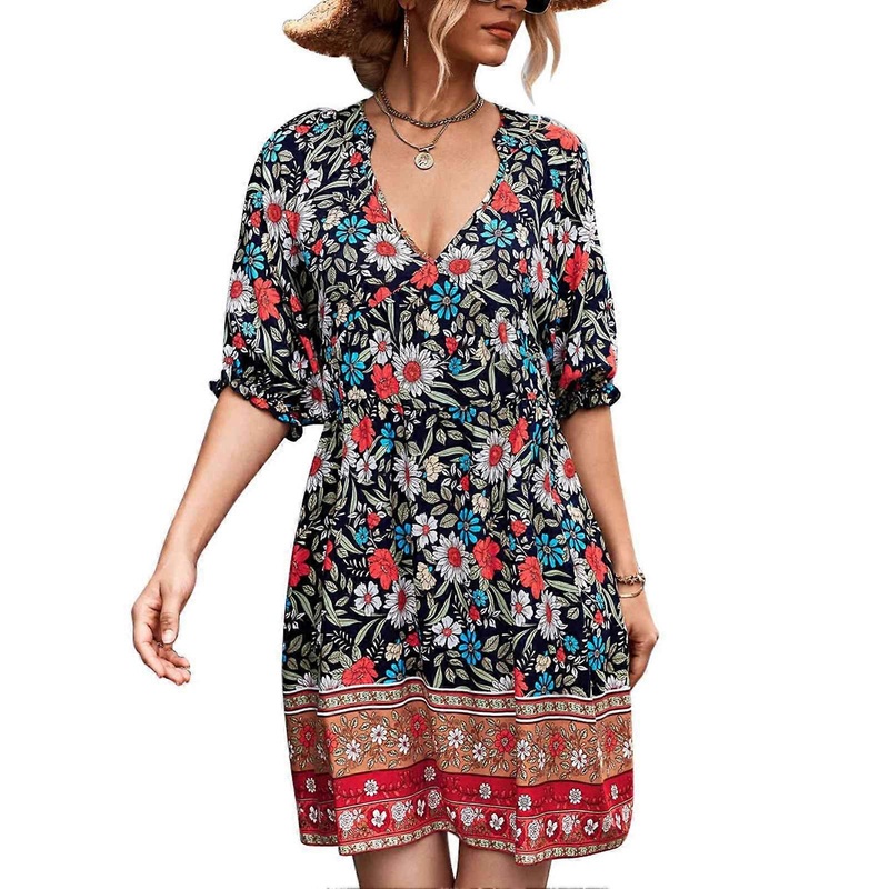 V Neck Half Sleeve Dress Women Elegant Ruffle Sleeve Floral Print Casual Dress for Beach Party Black M | Fruugo SG