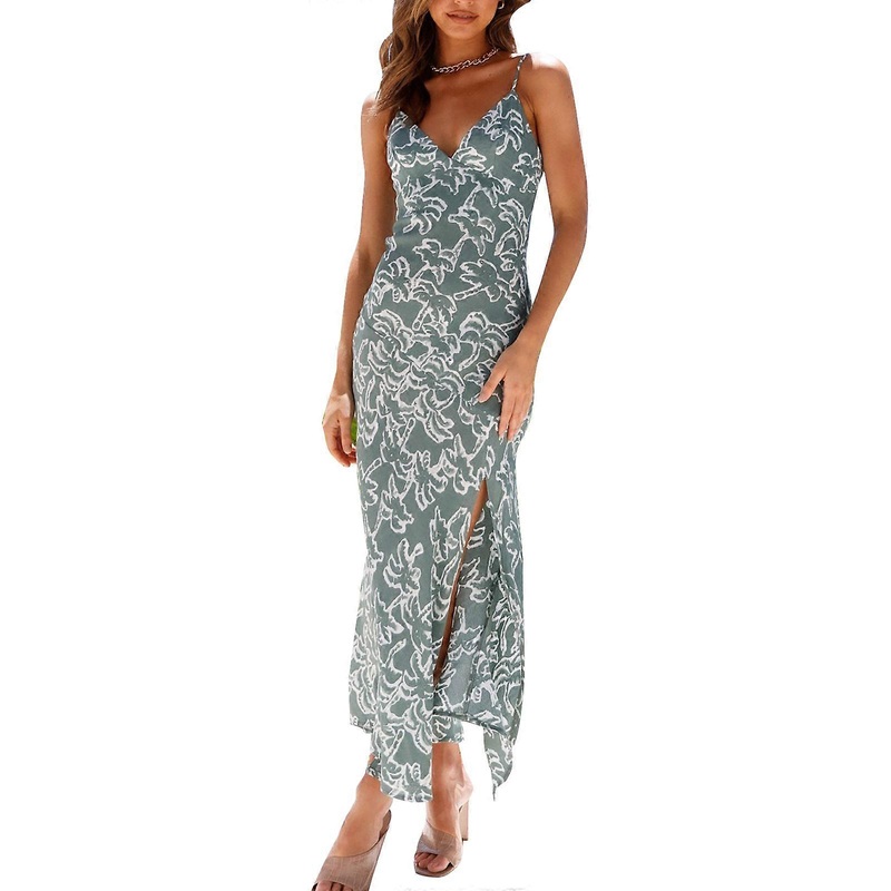 V Neck Slip Dress Adjustable Strap Dress Inside Zipper Polyester Fiber Slit Dress for Holiday Green S | Fruugo SG