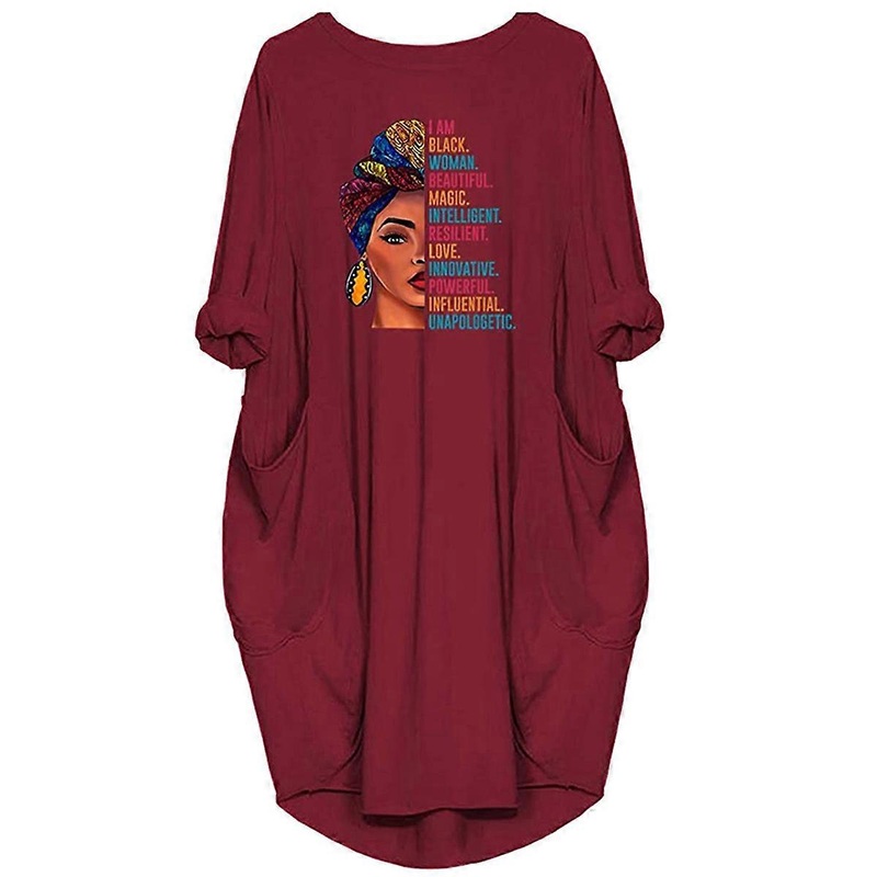 Wine Red M Women Loose Dress Print Full Sleeve O Neck Pocket Plus Size Midi Casual Dress Vintage Woman Dress | Fruugo SG