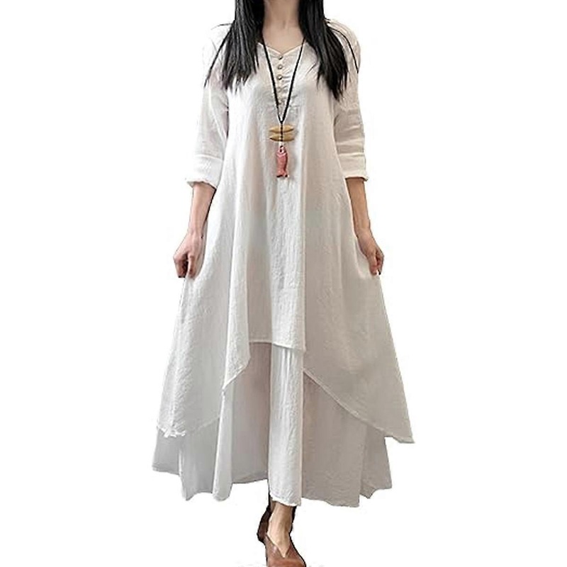 Women Boho Dress Casual Irregular Maxi Dresses Layered Vintage Loose Long Sleeve Linen Dress | Fruugo SG