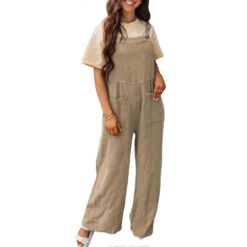 Women Fashionable Button Overalls Loose Casual Elegant Plain Color Sleeveless Strap Overalls with Pockets Khaki L | Fruugo SG