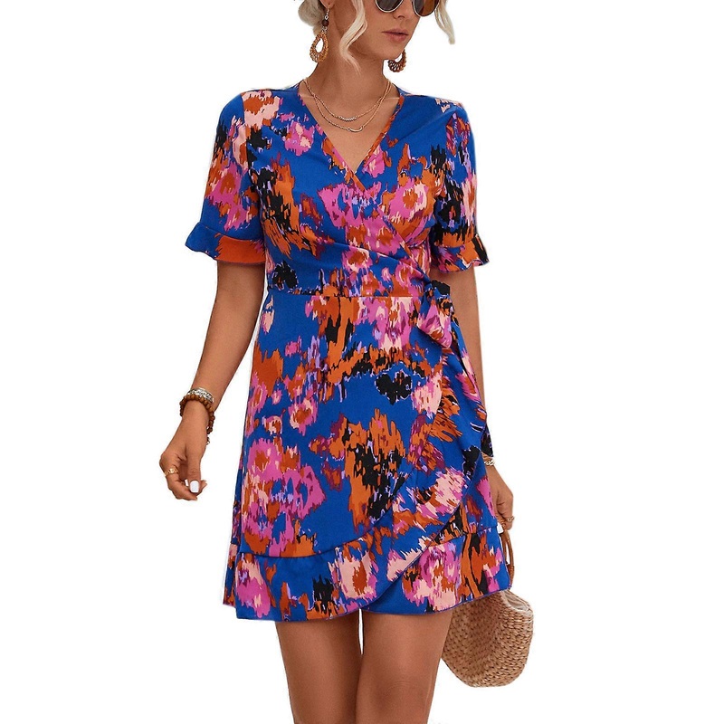 Women Flared Short Sleeve Abstract Floral Print V-Neck A-Line Mini Dress Tie Waist Wrap Asymmetrical Ruffled Hem Dresses  Blue XL | Fruugo SG