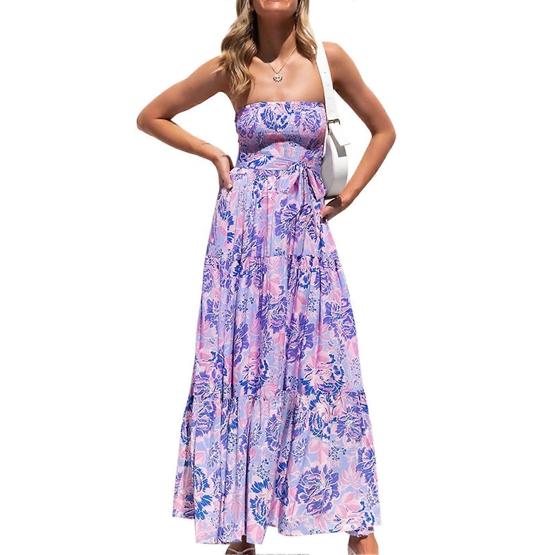 Women Floral Printing Dress Strapless Off Shoulder High Waist Belted Hem Stitching Summer Maxi Dress LQ260 Purple M | Fruugo SG