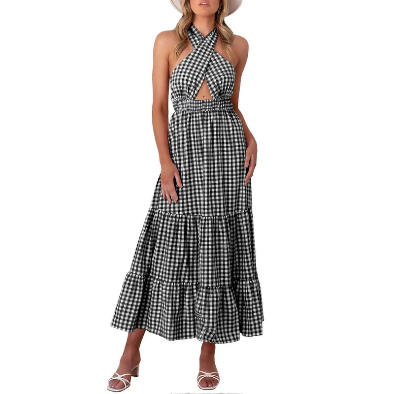 Women Halter Neck Backless Sleeveless Plaid Long Dress Elastic High Waist Ruffle Flowy Hem for Holidays Clubs Dates Black XXL | Fruugo SG