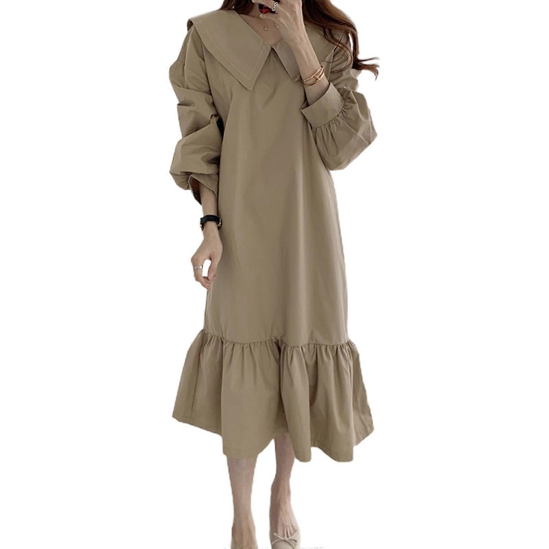 Women Lantern Sleeve Dress Exquisite Sailor Collar Dress Nice Solid Color Dress Loose Plus Size Dress for Daily Shopping  S Khaki | Fruugo SG
