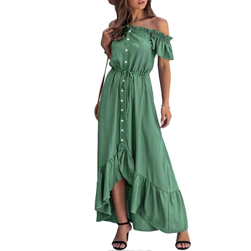 Women Off Shoulder Dress High Waist Irregular Hem Single Breasted A Line Maxi Dress with Drawstring Green L | Fruugo SG