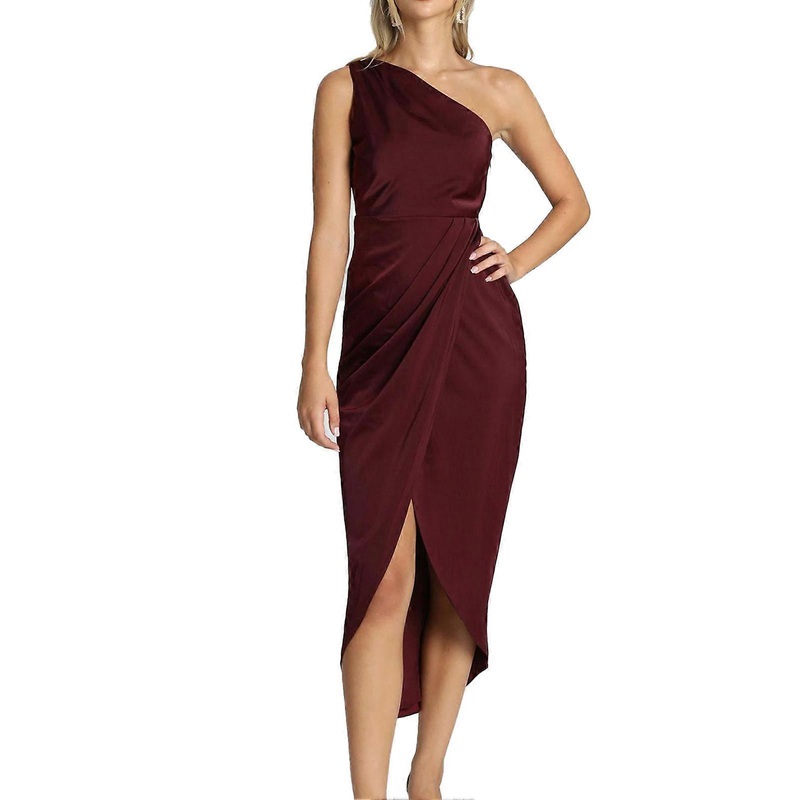 Women Pure Color One Shoulder Dress High Waist Zipper Pleated Wrap Hem Sleeveless Midi Dress for Party Burgundy XL | Fruugo SG