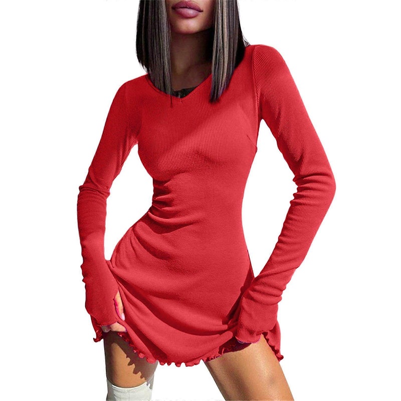 Women’s Back Strappy Long Sleeve Mini Dress Casual Crew Neck Ruffle A Line Short Dresses Cocktails Party Clubwears Gifts  Red S | Fruugo SG