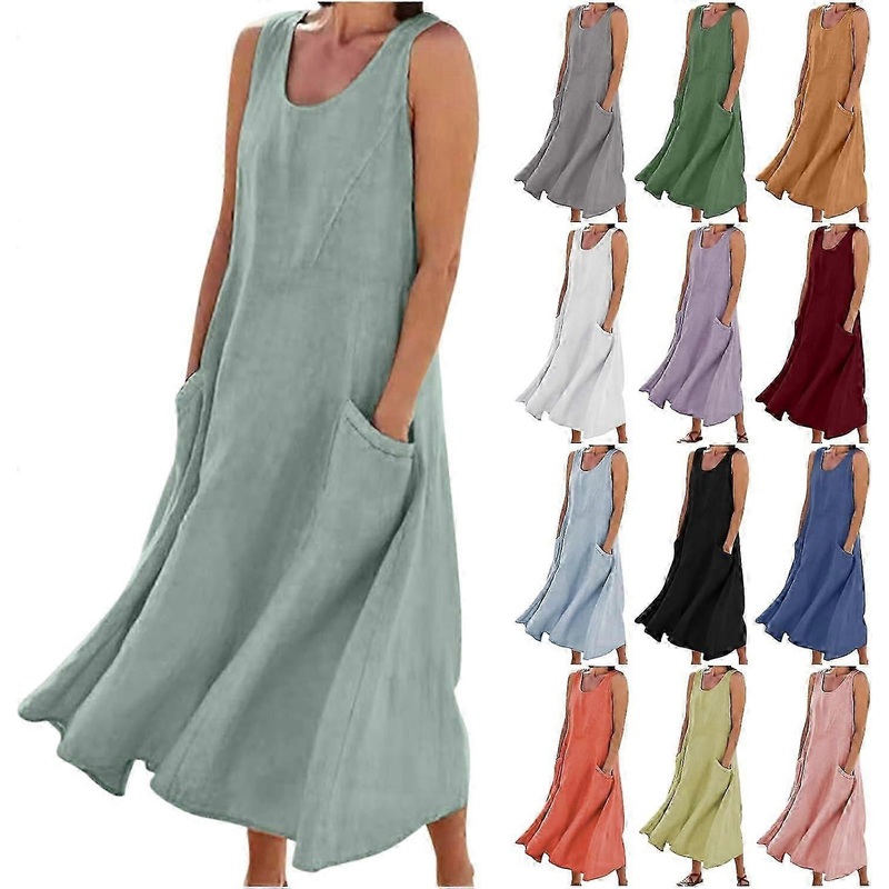 Women’s Linen Dresses, Casual Cotton Linen Sleeveless Dresses, Flowy Maxi Dresses, Beach Dresses with Pockets New | Fruugo SG