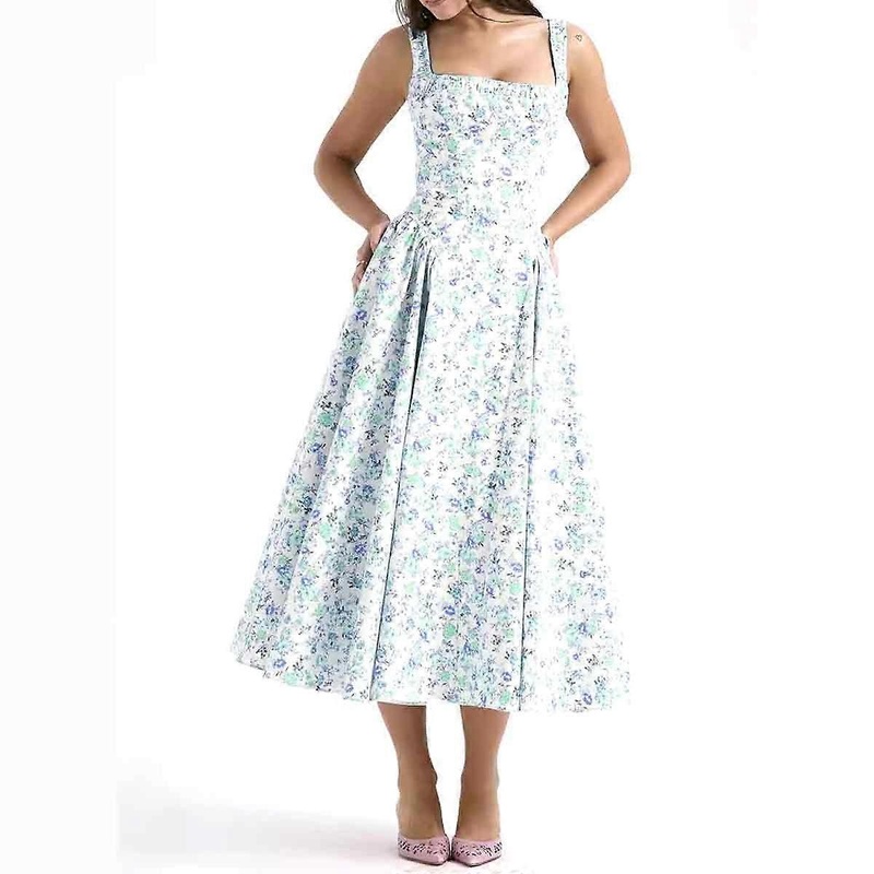 Women’s Vintage Sleeveless Solid Floral Ruched Summer Cute A-Line Flowy Swing Midi Dress | Fruugo SG
