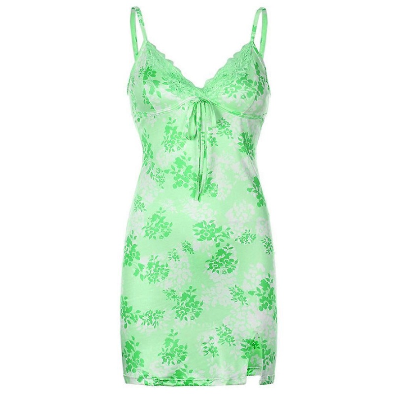 Women Sexy Spaghetti Strap Lace Trim Floral Print Split Bodycon Mini Camis Dress  Green | Fruugo SG