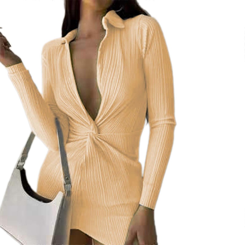 Women Shirt Dresses Long Sleeve Pleated Mini Dress Deep V Neck Shirt Dress Twist Bodycon Dress Button Down Pleated Dress  Yellow S | Fruugo SG