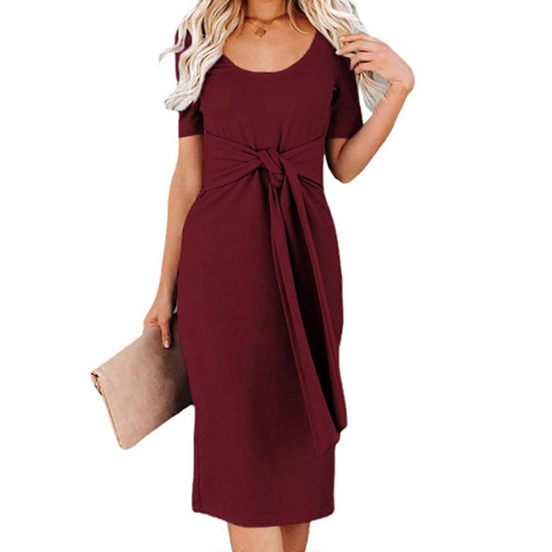 Women Short Sleeve Scoop Neck Solid Color Tie Waist Split Slim Midi Long Dress  Burgundy XL | Fruugo SG