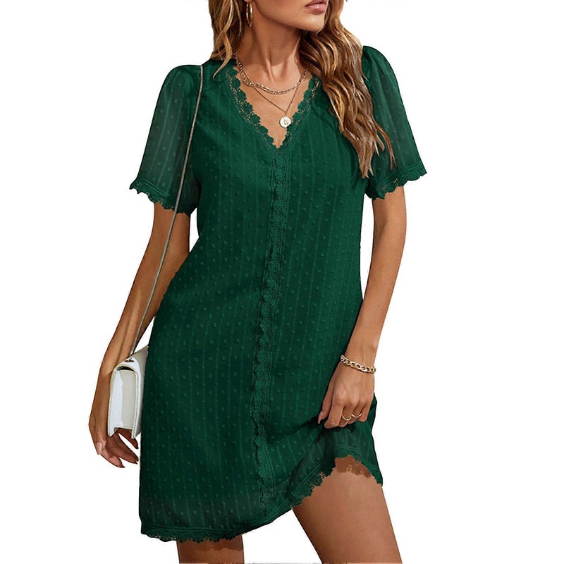 Women V Neck Short Sleeve Dot Lace Dress Above Knee Fashion Elegant for Home Party Work Date | Fruugo SG