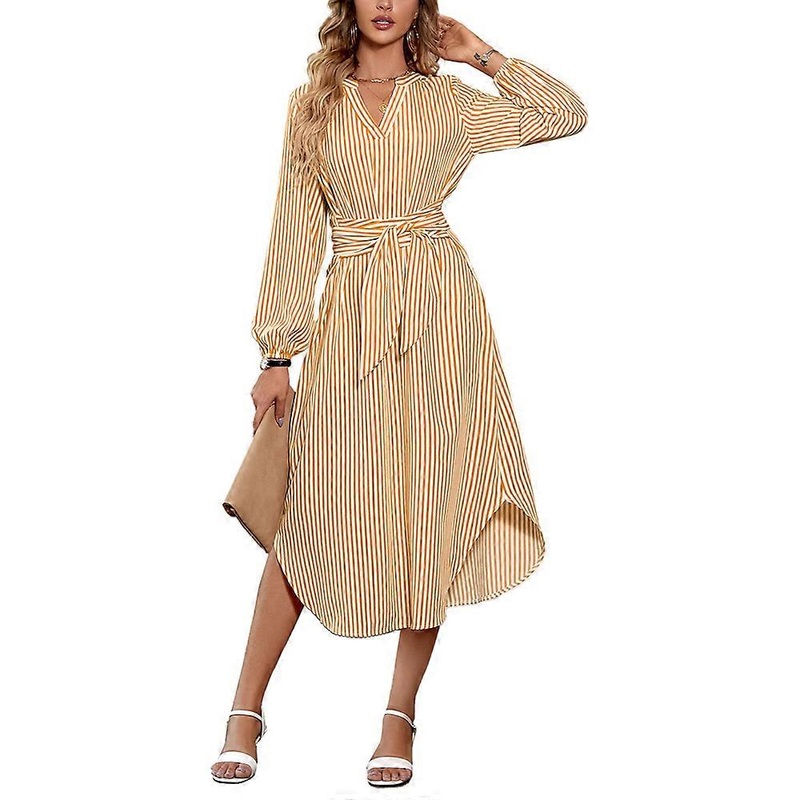 Women V-Neck Striped Midi Dress Long Sleeve Loose Casual Tie Waist Long Shirt Dresses | Fruugo SG