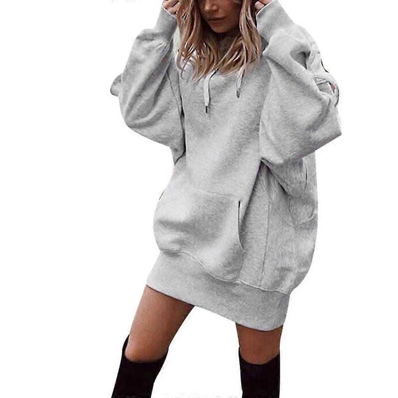 Women Winter Long Sleeve Hoodies Dress Solid Color Drawstring Pullover Tunic Tops Oversized Loose Sweatshirt with Pocket  Gray L | Fruugo SG