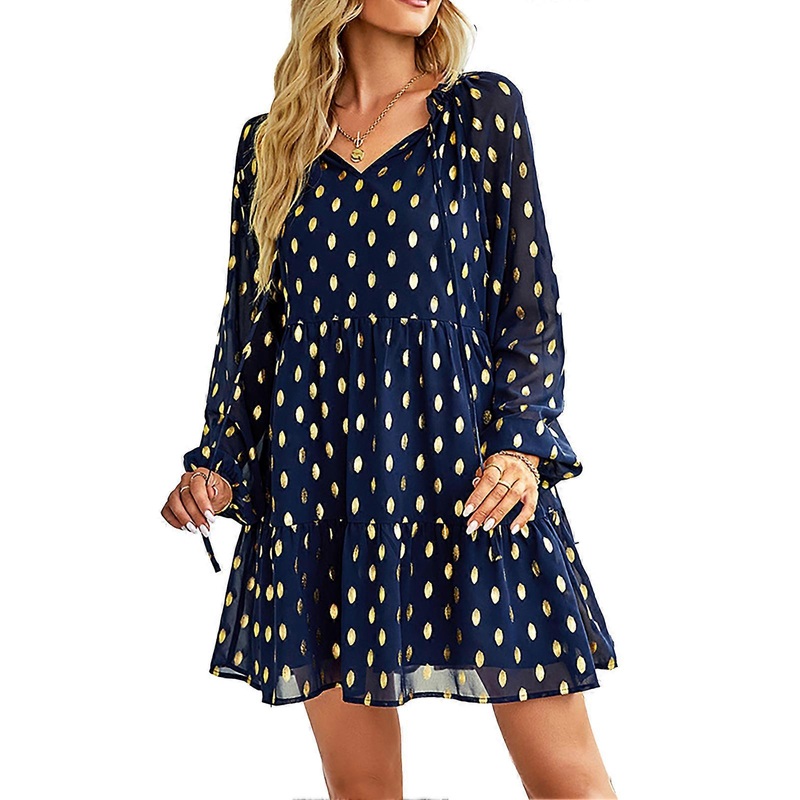 Womens Dot Chiffon Dress Fashionable Casual Waist Slim Fit Long Sleeve Polka Dot Dress for Spring Autumn Dark Blue M | Fruugo SG