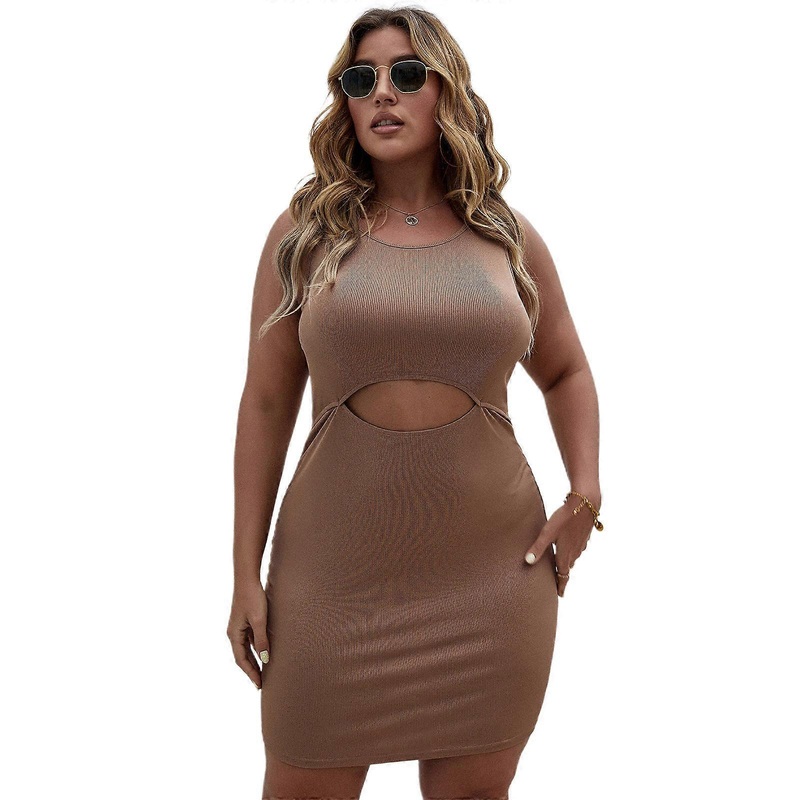 Womens Round Neck Bodycon Mini Dress Sleeveless Racerback Hollow Out Front High Waist Club Party Ribbed Knit Dresses  Khaki XL | Fruugo SG
