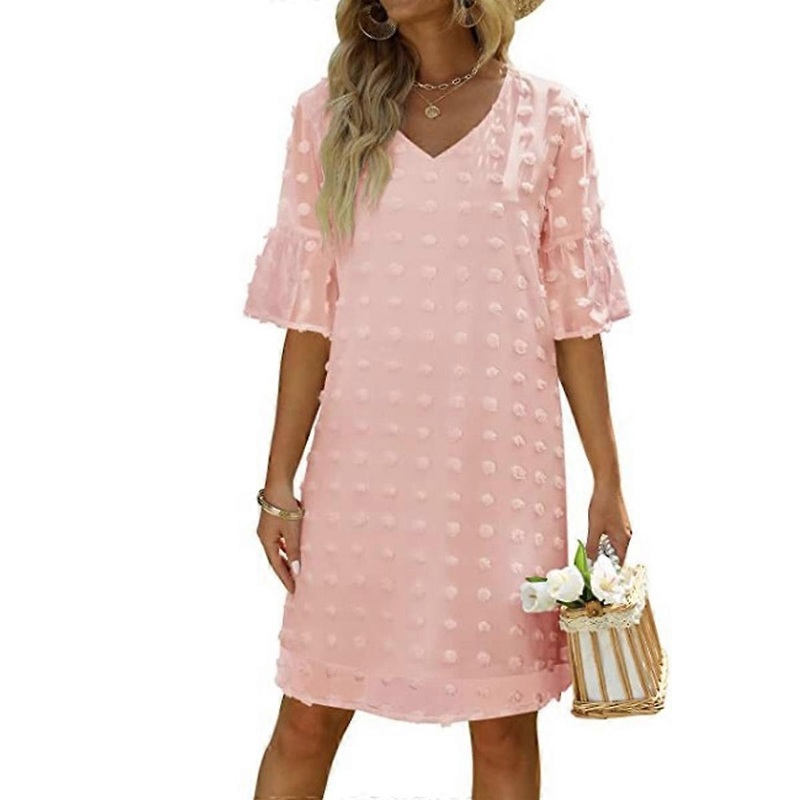 Womens Summer Short Sleeve V Neck Dress Chiffon Swiss Dot Flowy Short Dress | Fruugo SG