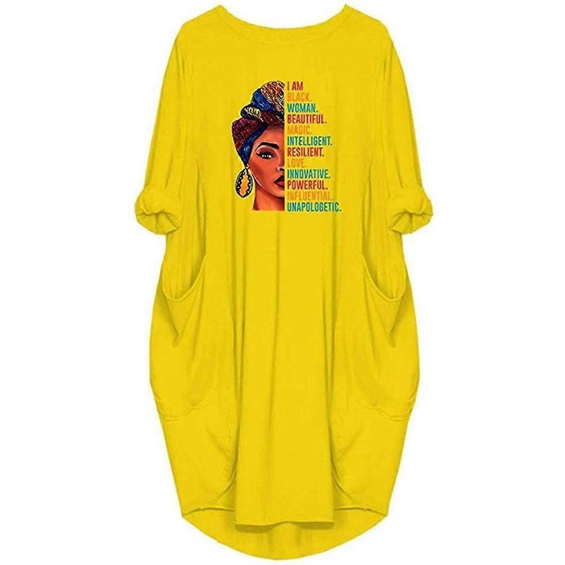 Yellow L Women Loose Dress Print Full Sleeve O Neck Pocket Plus Size Midi Casual Dress Vintage Woman Dress | Fruugo SG