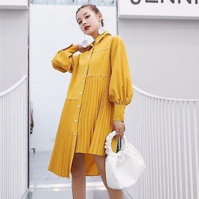 Asymmetrical  Lantern Long Sleeve Pleated Hem Dress | Fruugo SG