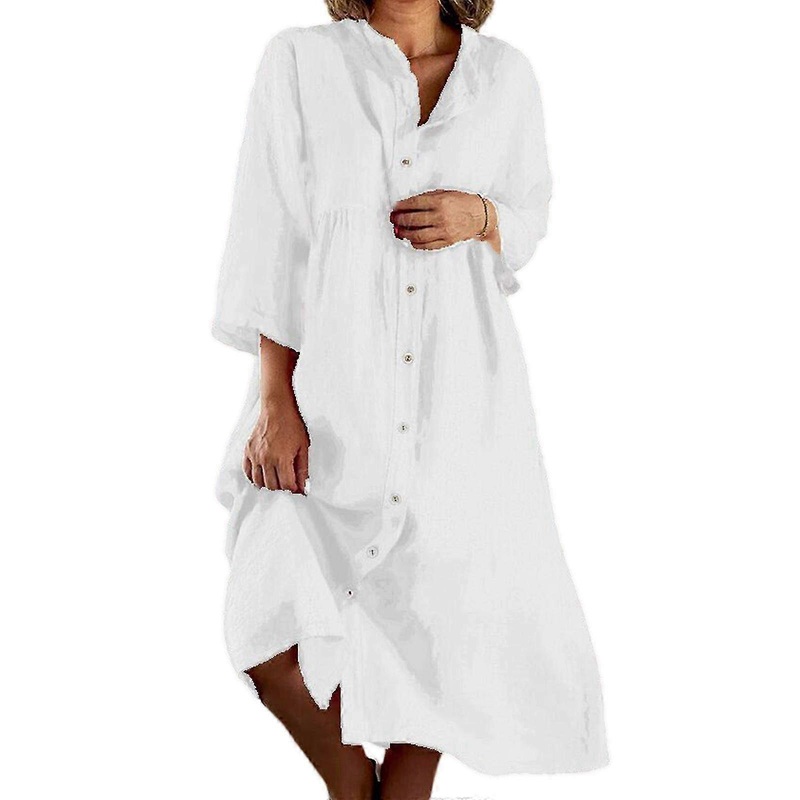 Casual Women’s Cotton Linen Button-Up Dress for Office & Daily Wear – High-Quality Comfort in Timeless Style, White XXXL | Fruugo SG