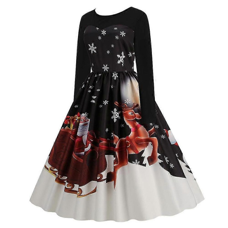 Christmas Women Dresses Long Sleeve Vintage Print Dress Round Neck A-line Princess For Girls | Fruugo SG