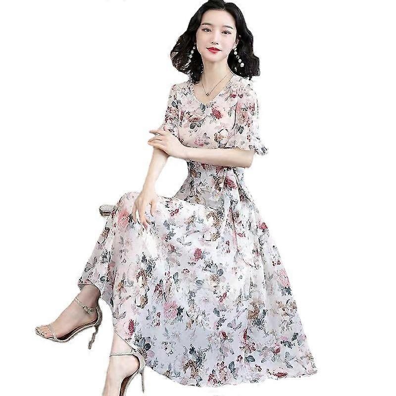 Ladies Slim Belt Round Neck Long Floral Dress Hip Cover | Fruugo SG