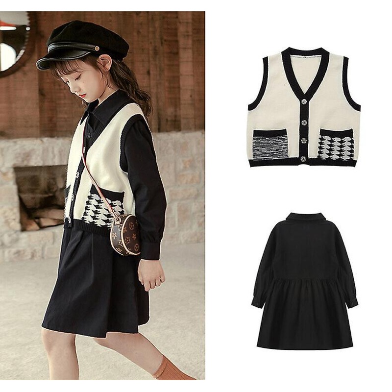 Retro Children’s Dress Girls Suit Spring And Autumn Long Sleeve Shirt Cotton Vest Vest Dress Two Piece Suit | Fruugo SG