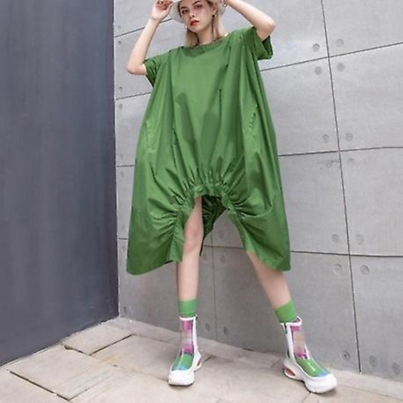 Round Neck Short Sleeve Hem Drawstring Irregular  Dress | Fruugo SG