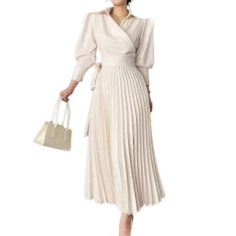 Spring Autumn Long Sleeve Lapel Pleated A-line Dress Casual Office Dresses For Women-In Stock | Fruugo SG