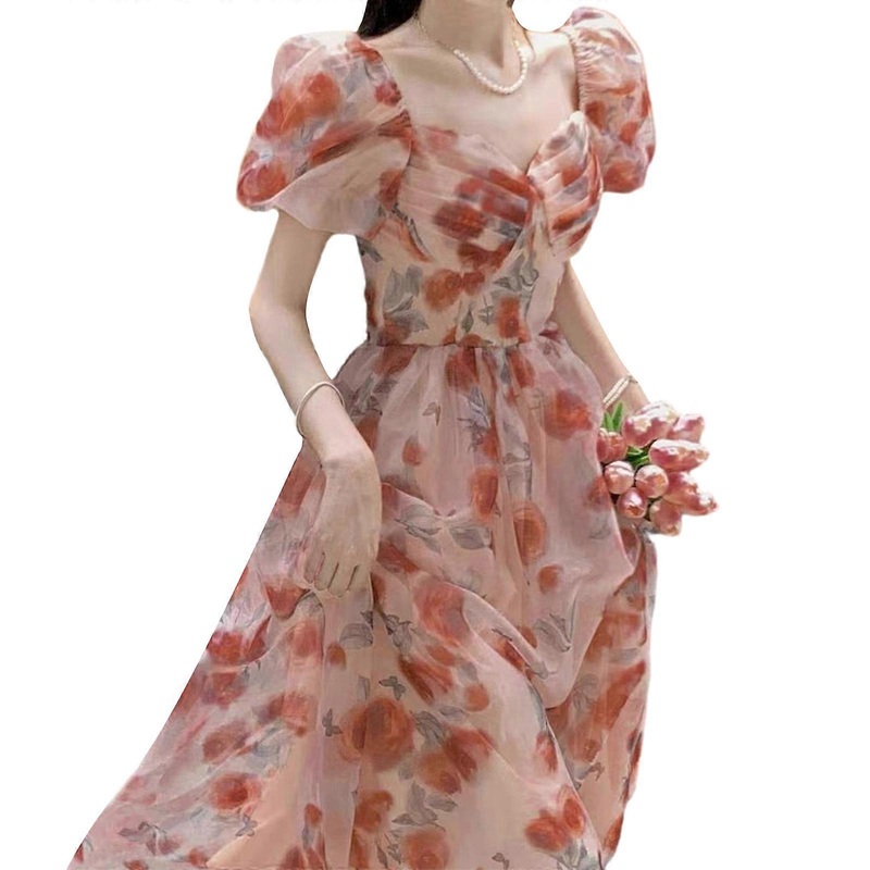 Stylish Flower Patterned Dress with High Waist Puff Short Sleeve Flowy Dress Great for Parties and Gatherings  Pink XL | Fruugo SG