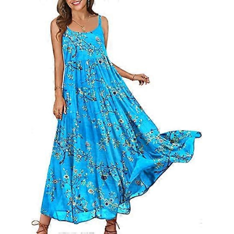 Summer Dresses for Women Casual Loose Bohemian Floral Dress with Pockets Spaghetti Strap Maxi Dress E75 | Fruugo SG