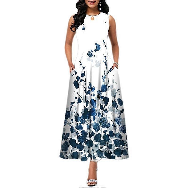 Summer Print Sleeveless Long Dress Round Neck Short Sleeve Pocket Dress | Fruugo SG