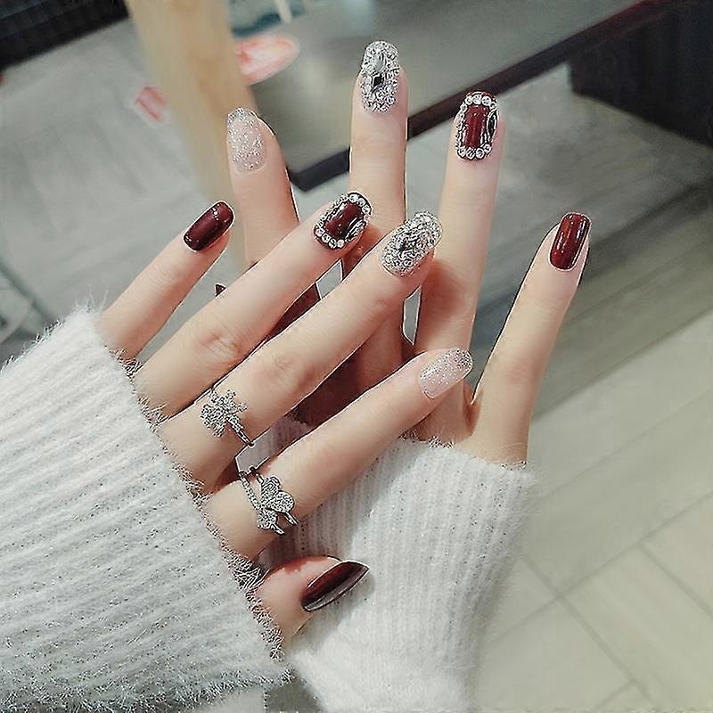 Wine Red Nail Patch Glitter Full Diamonds Short Nail Tips French Style Glue Type Removable Save | Fruugo SG