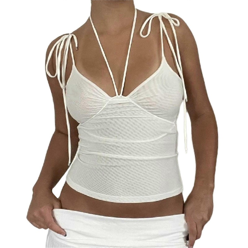 Women Aesthetic Sexy Tie Straps Hanging V Neck Sleeveless Crop Top Strappy Backless Bodycon Mesh Camisole Summer Vests  White S | Fruugo SG